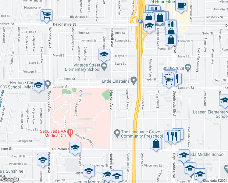 map of restaurants, bars, coffee shops, grocery stores, and more near 9848 Haskell Avenue in Los Angeles