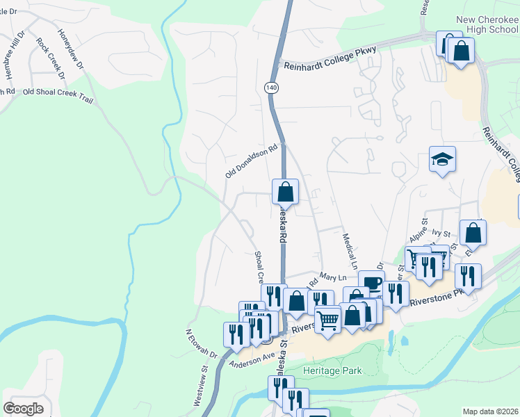 map of restaurants, bars, coffee shops, grocery stores, and more near 109 North Etowah Lane in Canton