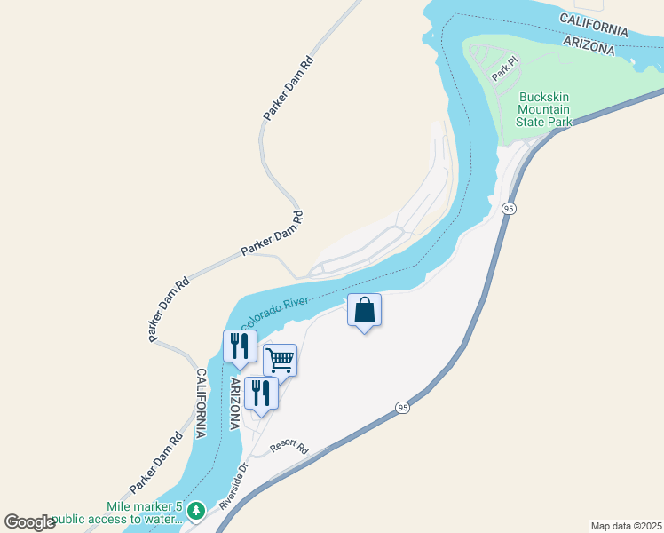 map of restaurants, bars, coffee shops, grocery stores, and more near 451 Parker Dam Road in Earp