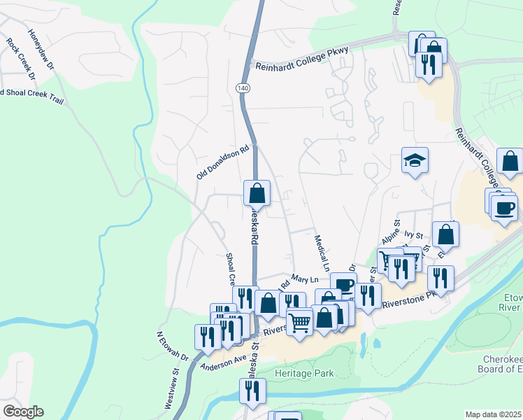 map of restaurants, bars, coffee shops, grocery stores, and more near 560 Waleska Road in Canton