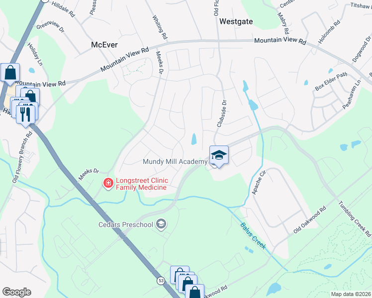 map of restaurants, bars, coffee shops, grocery stores, and more near 4823 Lost Creek Drive in Gainesville