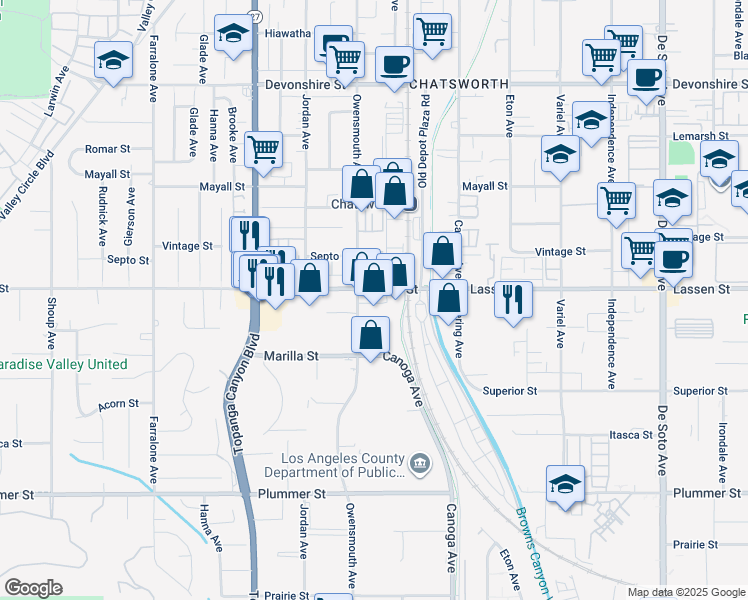 map of restaurants, bars, coffee shops, grocery stores, and more near 21620 Lassen Street in Los Angeles