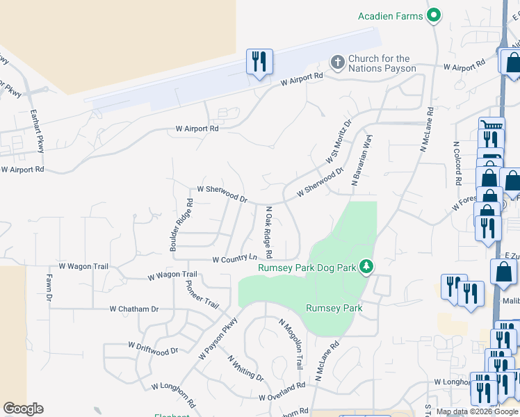 map of restaurants, bars, coffee shops, grocery stores, and more near 611 North Eagle Ridge Road in Payson