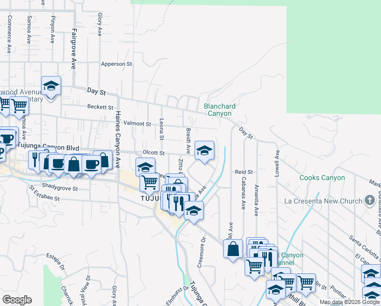 map of restaurants, bars, coffee shops, grocery stores, and more near 6449 Olcott Street in Los Angeles