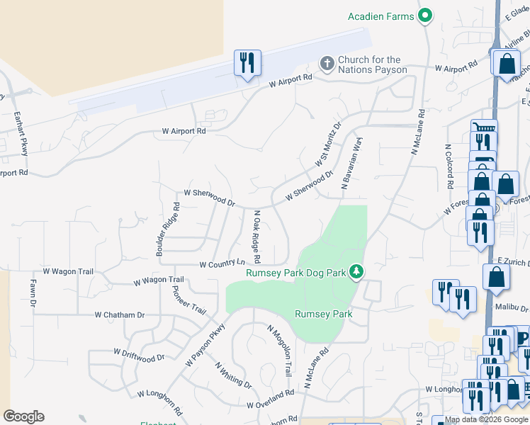 map of restaurants, bars, coffee shops, grocery stores, and more near 819 West Sherwood Drive in Payson