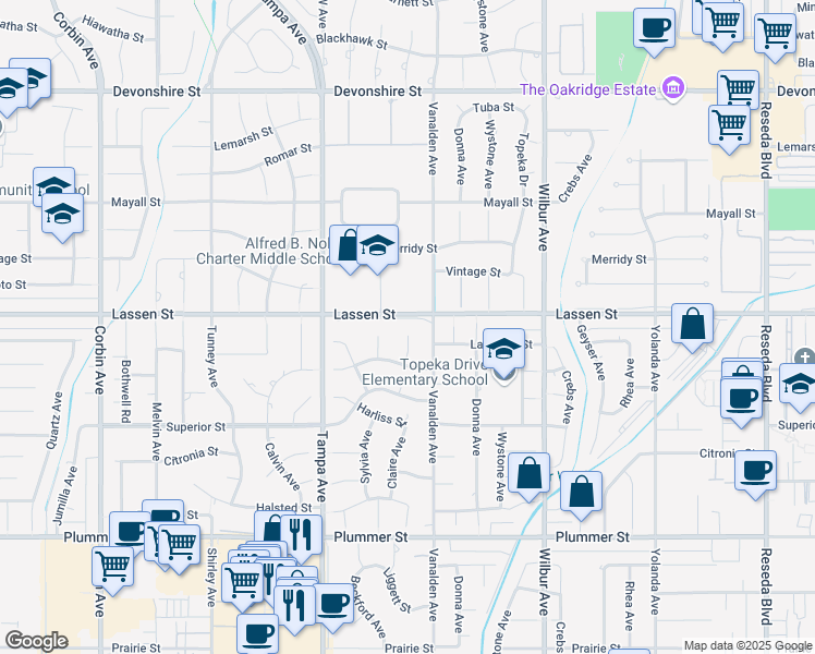 map of restaurants, bars, coffee shops, grocery stores, and more near 19126 Lassen Street in Los Angeles
