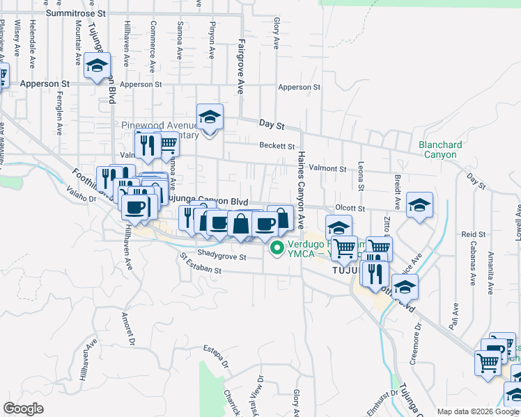 map of restaurants, bars, coffee shops, grocery stores, and more near 10041 Tujunga Canyon Boulevard in Los Angeles