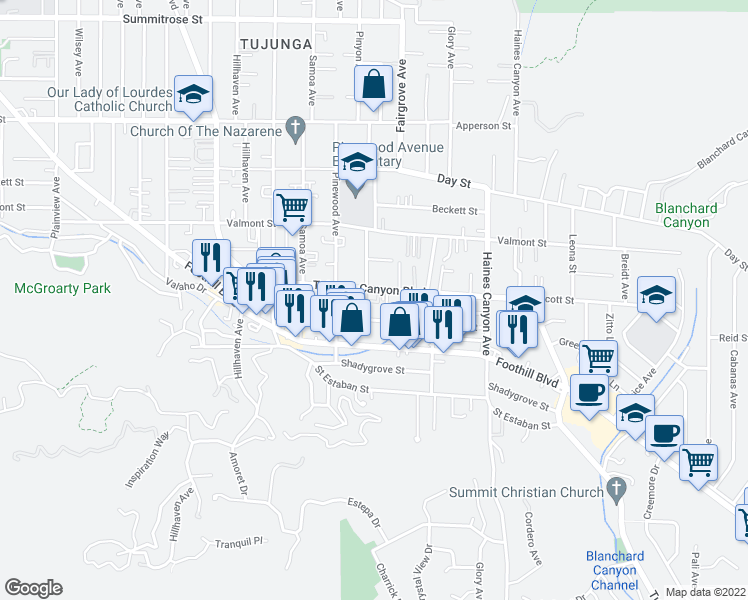 map of restaurants, bars, coffee shops, grocery stores, and more near 10063 Tujunga Canyon Boulevard in Los Angeles