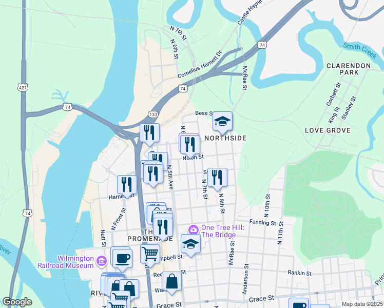 map of restaurants, bars, coffee shops, grocery stores, and more near 607 Nixon Street in Wilmington