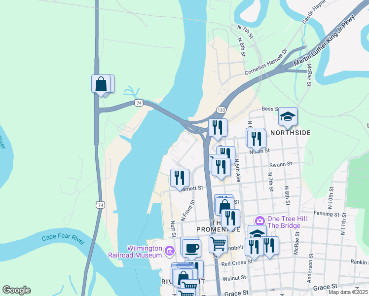 map of restaurants, bars, coffee shops, grocery stores, and more near 1010 Nutt Street in Wilmington