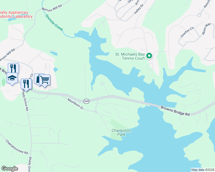 map of restaurants, bars, coffee shops, grocery stores, and more near 5750 Cains Cove Road in Cumming