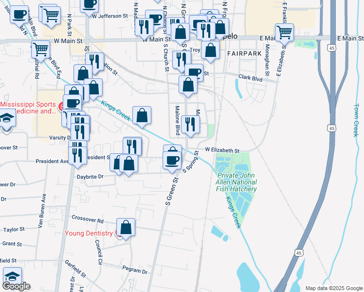 map of restaurants, bars, coffee shops, grocery stores, and more near 900-904 South Green Street in Tupelo