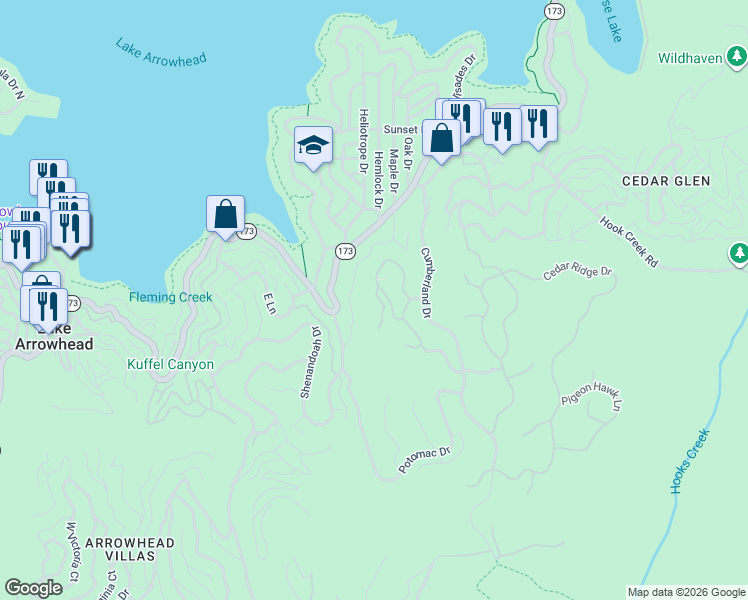 map of restaurants, bars, coffee shops, grocery stores, and more near 226 Hidden Forest Road in Lake Arrowhead