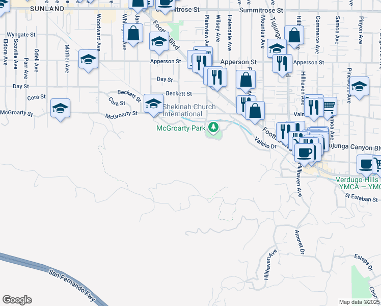 map of restaurants, bars, coffee shops, grocery stores, and more near 7582 McGroarty Terrace in Los Angeles