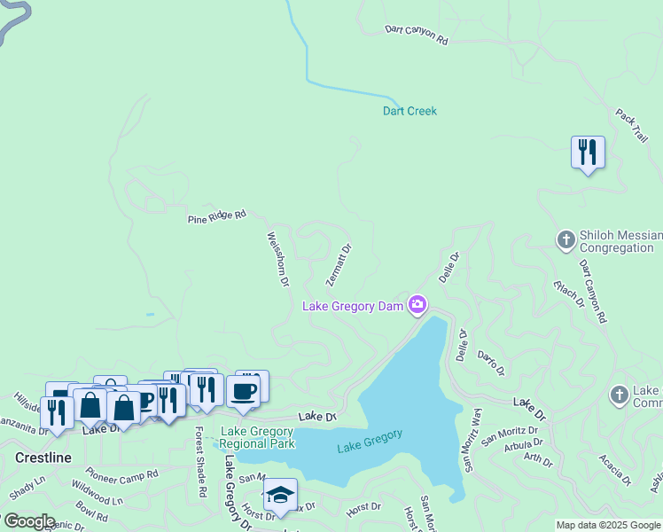 map of restaurants, bars, coffee shops, grocery stores, and more near 200 Zermatt Drive in Crestline