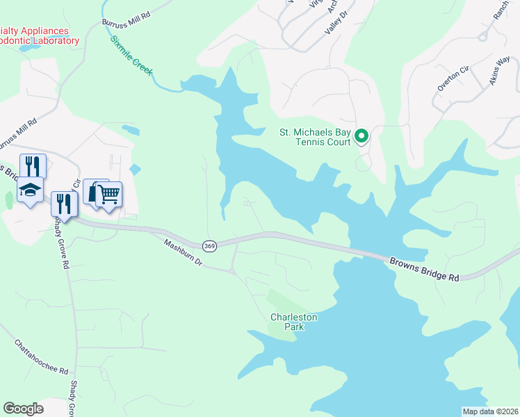 map of restaurants, bars, coffee shops, grocery stores, and more near 5750 Cains Cove Road in Cumming