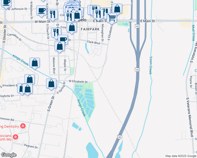 map of restaurants, bars, coffee shops, grocery stores, and more near 111 East Elizabeth Street in Tupelo