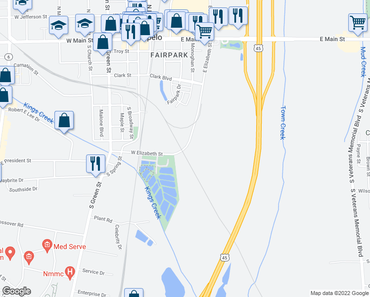 map of restaurants, bars, coffee shops, grocery stores, and more near 111 East Elizabeth Street in Tupelo