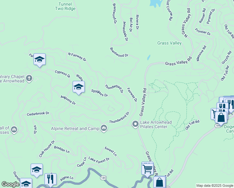 map of restaurants, bars, coffee shops, grocery stores, and more near 26522 Thunderbird Drive in Lake Arrowhead