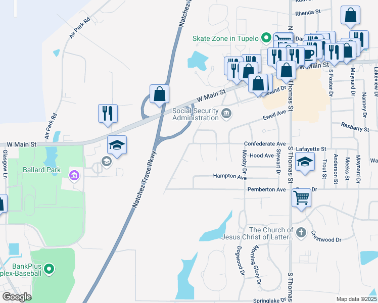 map of restaurants, bars, coffee shops, grocery stores, and more near 603 Smokey Mountain Drive in Tupelo