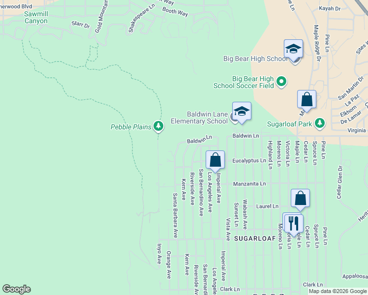 map of restaurants, bars, coffee shops, grocery stores, and more near 44 Kern Avenue in Big Bear