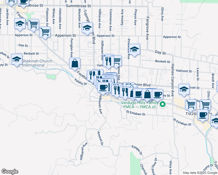 map of restaurants, bars, coffee shops, grocery stores, and more near 9930 Commerce Avenue in Los Angeles