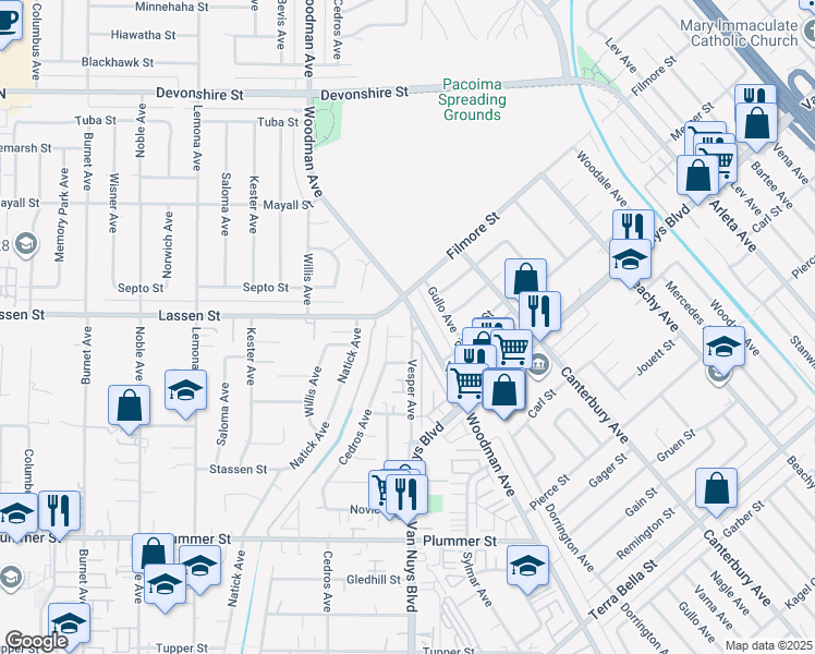 map of restaurants, bars, coffee shops, grocery stores, and more near 14601 Labrador Street in Los Angeles