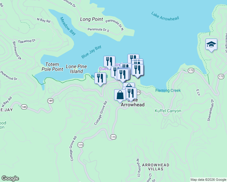 map of restaurants, bars, coffee shops, grocery stores, and more near 248 Crest Circle Drive in Lake Arrowhead