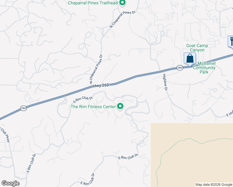 map of restaurants, bars, coffee shops, grocery stores, and more near East Rim Club Drive in Payson