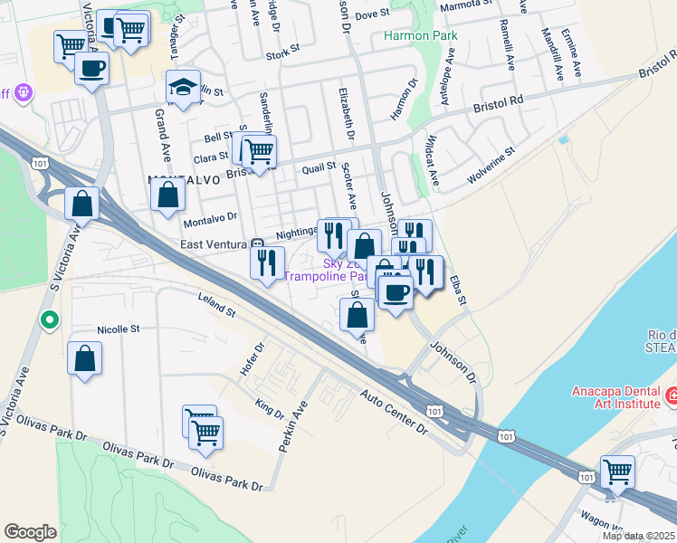map of restaurants, bars, coffee shops, grocery stores, and more near 2747 Sherwin Avenue in Ventura