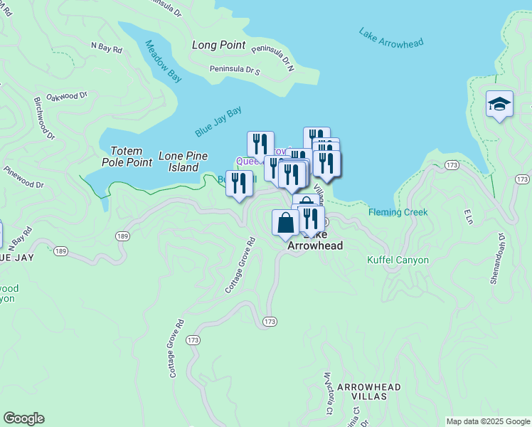 map of restaurants, bars, coffee shops, grocery stores, and more near 244 Corona Circle in Lake Arrowhead