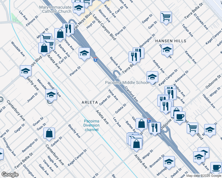 map of restaurants, bars, coffee shops, grocery stores, and more near 9850 Vena Avenue in Los Angeles