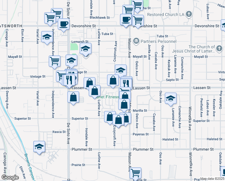 map of restaurants, bars, coffee shops, grocery stores, and more near 20620 Lassen Street in Los Angeles
