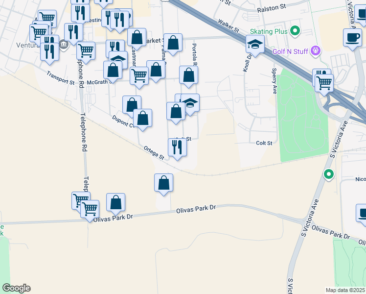 map of restaurants, bars, coffee shops, grocery stores, and more near 4848 Colt Street in Ventura