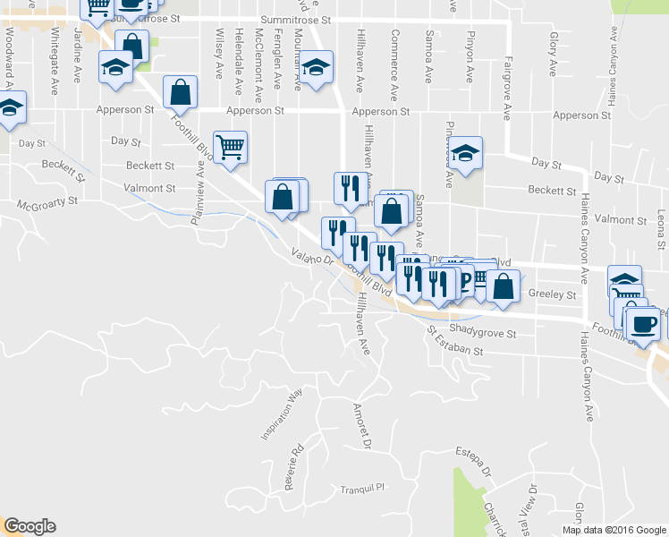 map of restaurants, bars, coffee shops, grocery stores, and more near 7310 Valaho Drive in Los Angeles