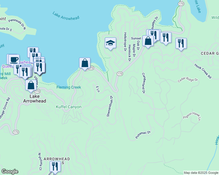 map of restaurants, bars, coffee shops, grocery stores, and more near 147 California 173 in Lake Arrowhead
