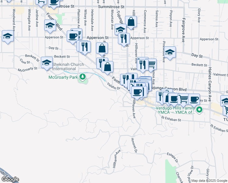 map of restaurants, bars, coffee shops, grocery stores, and more near 7354 Valaho Lane in Los Angeles