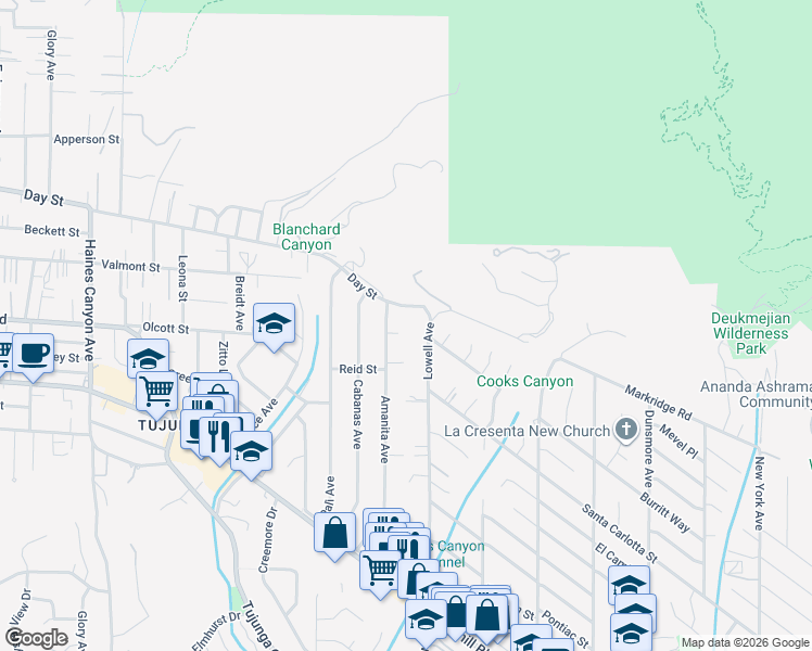 map of restaurants, bars, coffee shops, grocery stores, and more near 6249 Delfino Street in Los Angeles