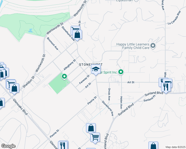 map of restaurants, bars, coffee shops, grocery stores, and more near 9851 Stonehurst Avenue in Los Angeles