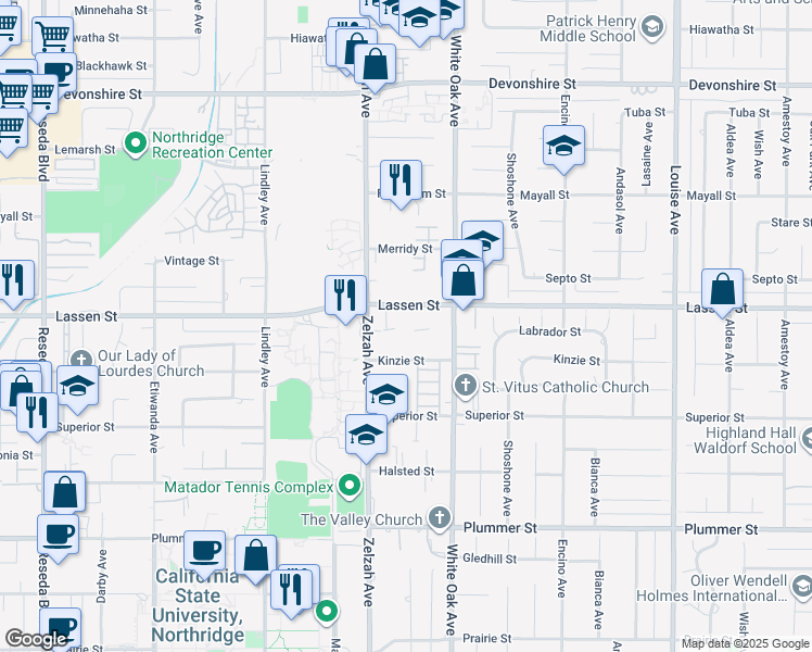 map of restaurants, bars, coffee shops, grocery stores, and more near 17830 Lassen Street in Los Angeles