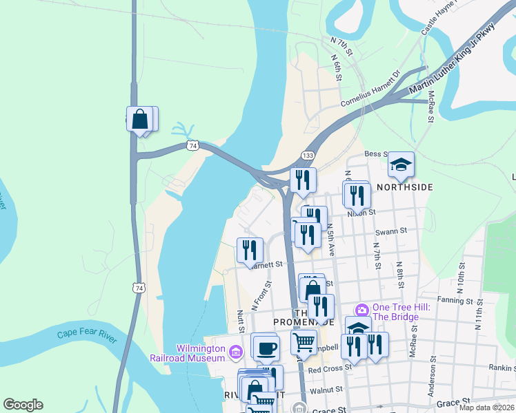 map of restaurants, bars, coffee shops, grocery stores, and more near 1010 Nutt Street in Wilmington