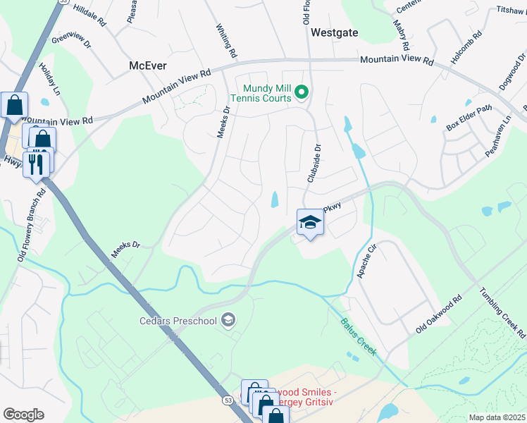 map of restaurants, bars, coffee shops, grocery stores, and more near 4780 Lost Creek Drive in Gainesville
