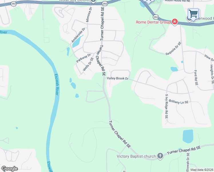 map of restaurants, bars, coffee shops, grocery stores, and more near 1 Shadowood Drive Southeast in Rome