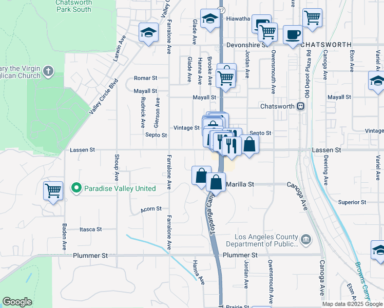 map of restaurants, bars, coffee shops, grocery stores, and more near 9855 Glade Avenue in Los Angeles