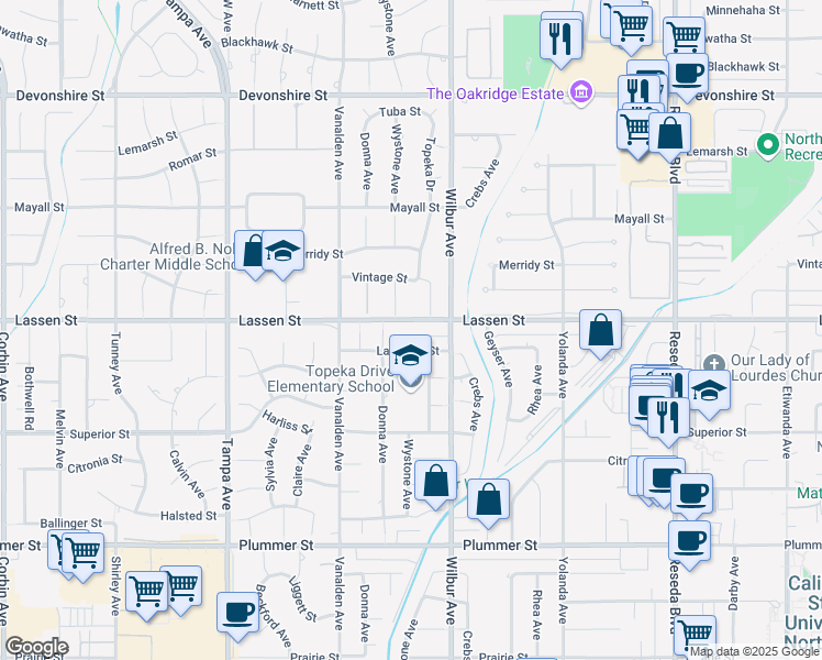 map of restaurants, bars, coffee shops, grocery stores, and more near 18942 Lassen Street in Los Angeles