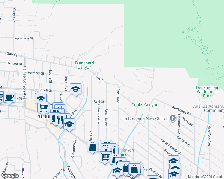 map of restaurants, bars, coffee shops, grocery stores, and more near 6249 Delfino Street in Los Angeles