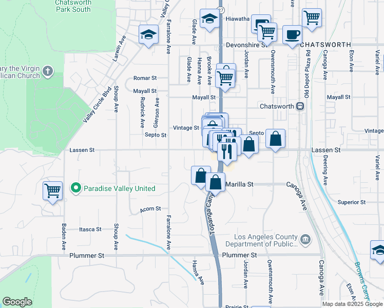 map of restaurants, bars, coffee shops, grocery stores, and more near 9855 Glade Avenue in Los Angeles