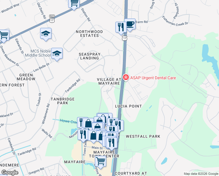 map of restaurants, bars, coffee shops, grocery stores, and more near 6814 Mayfaire Club Drive in Wilmington