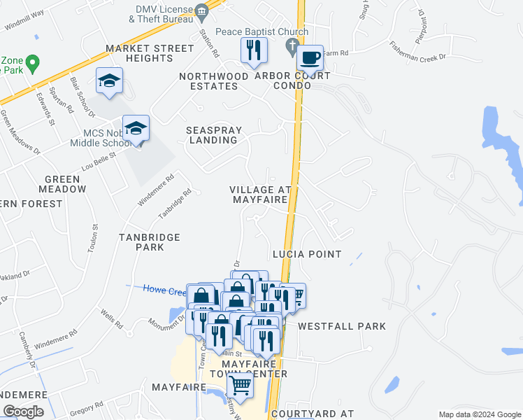 map of restaurants, bars, coffee shops, grocery stores, and more near 645 Village Park Drive in Wilmington