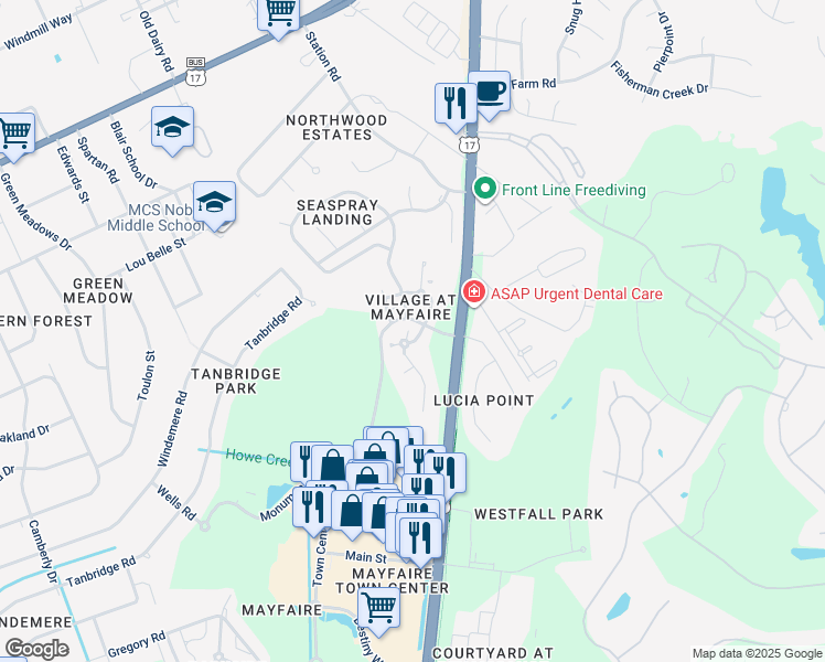 map of restaurants, bars, coffee shops, grocery stores, and more near 6813 Mayfaire Club Drive in Wilmington